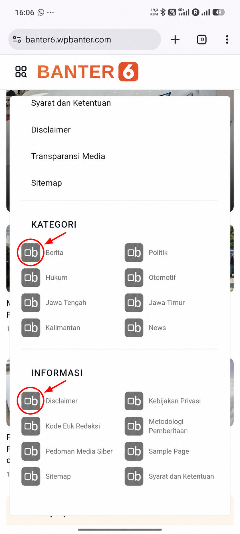 Customizable Category and Information icons in the Banter6 mobile menu